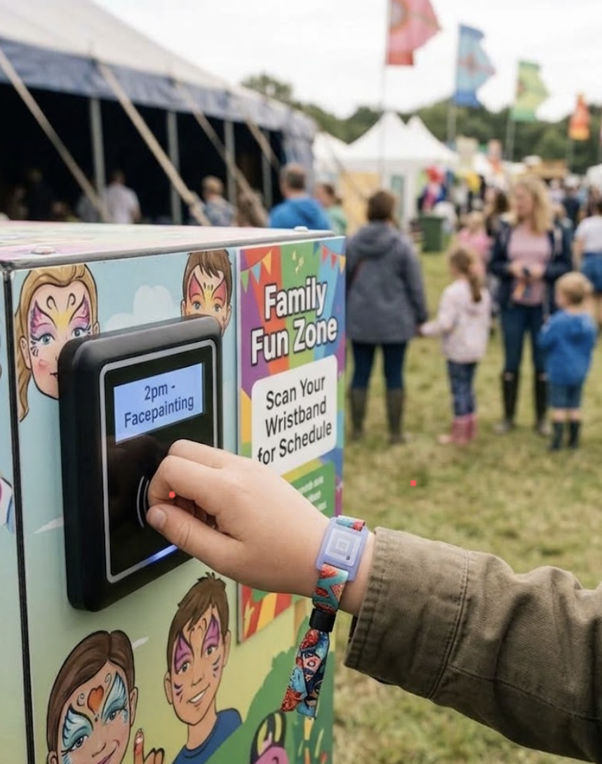 Child's hand with a festival wristband on it, putting it against a kiosk RFID reader