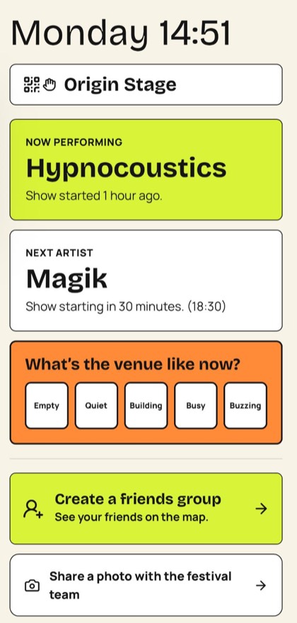XIP Events visitor interface showing a live programme, venue activity, friend groups and photo sharing
